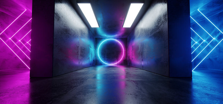 Neon Cyber Sci Fi Futuristic Modern Retro Led Laser Dance Lights Arrows Circle Shaped Blue Pink Purple Lights On Reflective Grunge Concrete Dark Empty Room Corridor 3D Rendering