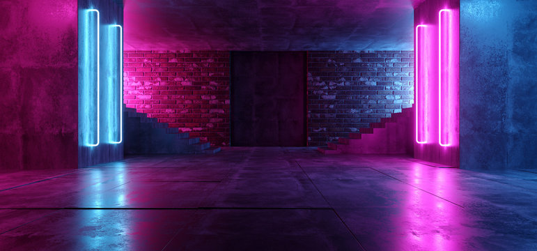 Retro Neon Futuristic Grunge Brick Concrete Glowing Purple Pink Blue Empty Dance Podium Room Club With Stairs Sci Fi Lasers Rays Vibrant 3D Rendering