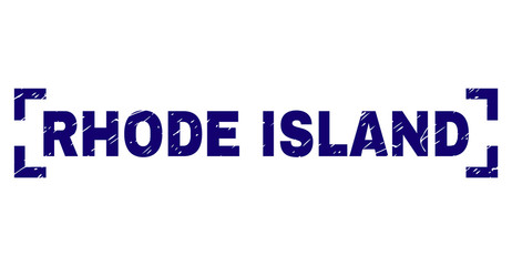 RHODE ISLAND text seal watermark with distress texture. Text tag is placed inside corners. Blue vector rubber print of RHODE ISLAND with dirty texture.