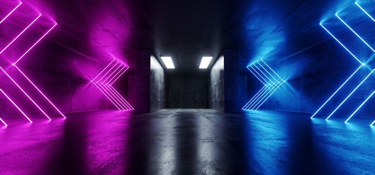 Neon Cyber Sci Fi Futuristic Modern Retro Led Laser Dance Lights Arrow Shaped Blue Pink Purple Lights On Reflective Grunge Concrete Dark Empty Room Corridor 3D Rendering