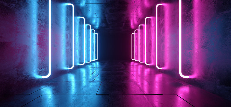 Cyber Sci Fi Futuristic  Modern Retro Neon Glowing Blue Purple Pink Tube Lights In Dark Empty Grunge Reflective Concrete Corridor Background Dance Club 3D Rendering