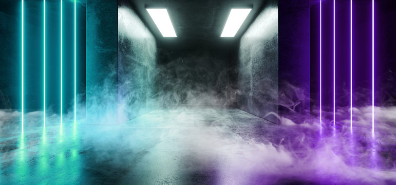 Smoke Fog Neon Cyber Sci Fi Futuristic Modern Retro Led Laser Dance Lights Vertical Lines Blue Purple Lights On Reflective Grunge Concrete Dark Empty Room Corridor 3D Rendering