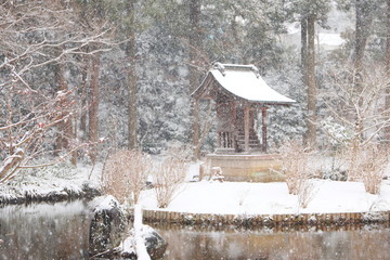 日本の冬　寺の境内に雪が降り積もる風景