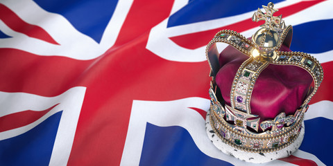 Royal golden crown with jewels on british  flag. Symbols of UK United Kingdom.