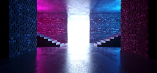 Retro Neon Futuristic Grunge Brick Concrete Glowing Purple Pink Blue Empty Dance Podium Room Club With Stairs Sci Fi Lasers Rays Vibrant White Light Door 3D Rendering