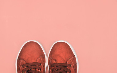 Stylish shoes on blue background.