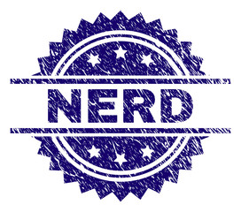 NERD stamp seal watermark with distress style. Blue vector rubber print of NERD tag with dust texture.