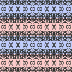 geometric figures forming dark colored ornaments on a pink and light blue background