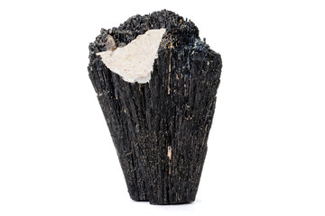 Macro mineral stone Schorl, Black Tourmaline on a white background