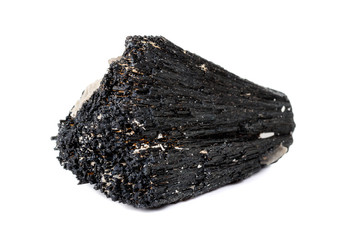 Macro mineral stone Schorl, Black Tourmaline on a white background