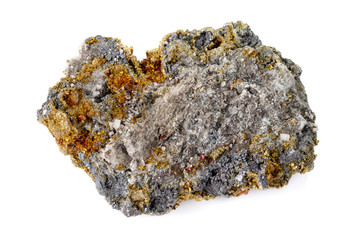 Macro mineral stone  Chalcopyrite on a white background