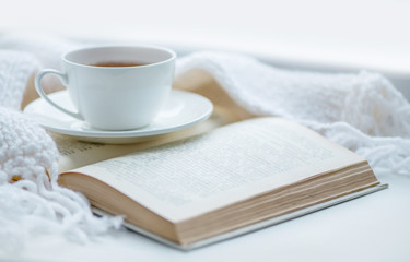 Warm knitted scarf, a cup of hot tea and a book