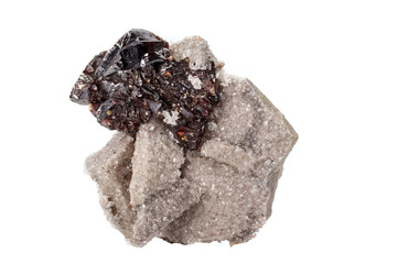 Macro of mineral Sphalerite stone on microcline on white background