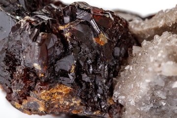 Macro of mineral Sphalerite stone on microcline on white background
