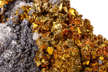Macro mineral stone  Chalcopyrite on a white background