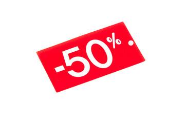 red white price tag 50% sale label isolated on white background