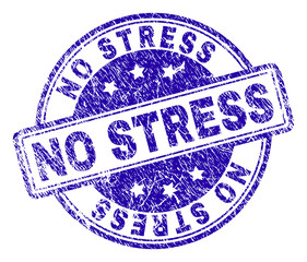 NO STRESS stamp seal imprint with grunge style. Designed with rounded rectangles and circles. Blue vector rubber print of NO STRESS text with grunge texture.