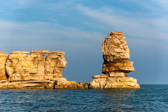 The sea stack at the northern end of Lijubadao, one of the Changdao Islands, Shandong, China.