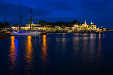 Night view of the Akershus fortress, the medieval castle built to protect Oslo, Norway