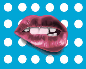Sexy pink lips on blue. Pop art