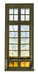 Large vintage window of an abandoned building, spooky forest can be seen behind the glass. Isolated on white