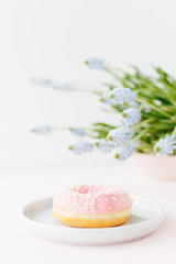 Pink donats on blue plate pastel colors