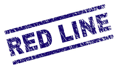 RED LINE seal stamp with scratced style. Blue vector rubber print of RED LINE text with grunge texture. Text caption is placed between parallel lines.