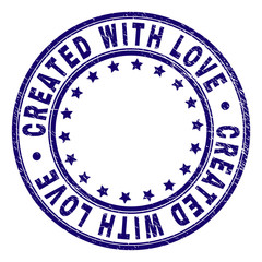 CREATED WITH LOVE stamp seal imprint with distress texture. Designed with circles and stars. Blue vector rubber print of CREATED WITH LOVE caption with dirty texture.