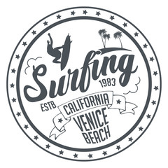 Venice Beach, Californiai Surfing Classic. Vintage Watercolor Hand lettered t shirt apparel fashion print. Retro old school tee graphics. Custom type design. Hand drawn typographic art.