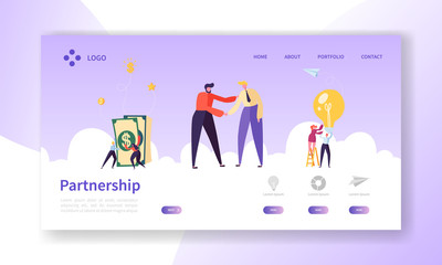 Businessmen Shaking Hands, Partnership Deal Handshake Landing Page. Meeting Agreement Concept. People Character Business Cooperation Website or Web Page. Flat Cartoon Vector Illustration
