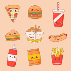 Fast Food Junk Kawaii Cute Face Set. Hamburger and Hotdog Manga Character Isolated Sticker. Restaurant Menu Icon Kit. Funny Japanese Meal Emoji Doodle Flat Cartoon Vector Illustration