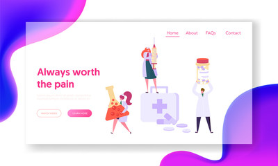 Hospital Medical Service Equipment Landing Page. Medicine Chemistry Science Character with Syringe. Pharmacist hold Pill for Treatment Website or Web Page. Flat Cartoon Vector Illustration