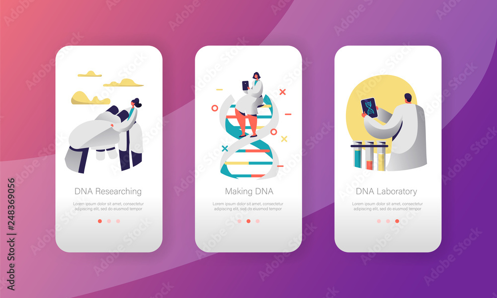 Poster genome dna experimental laboratory character mobile app page onboard screen set. healthcare technolo