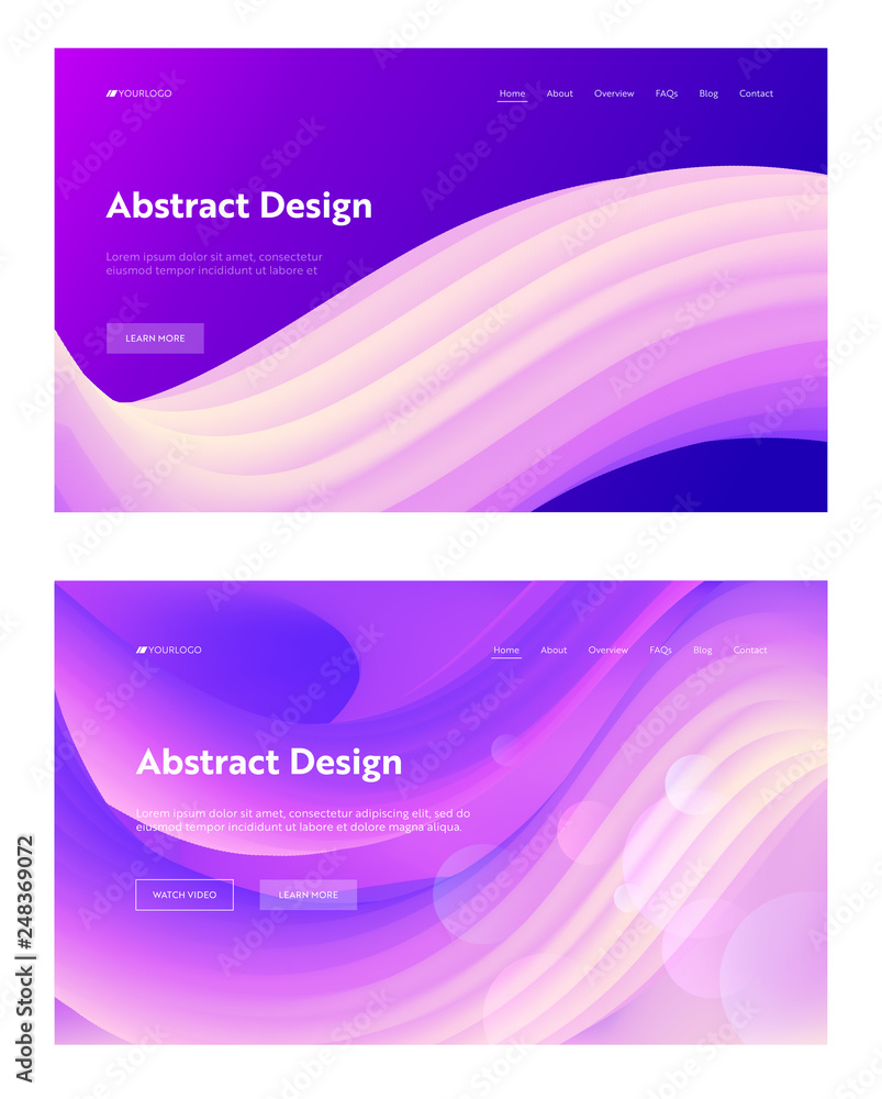 Poster abstract geometric wave shape landing page background set. colorful digital motion pattern. 3d neon 