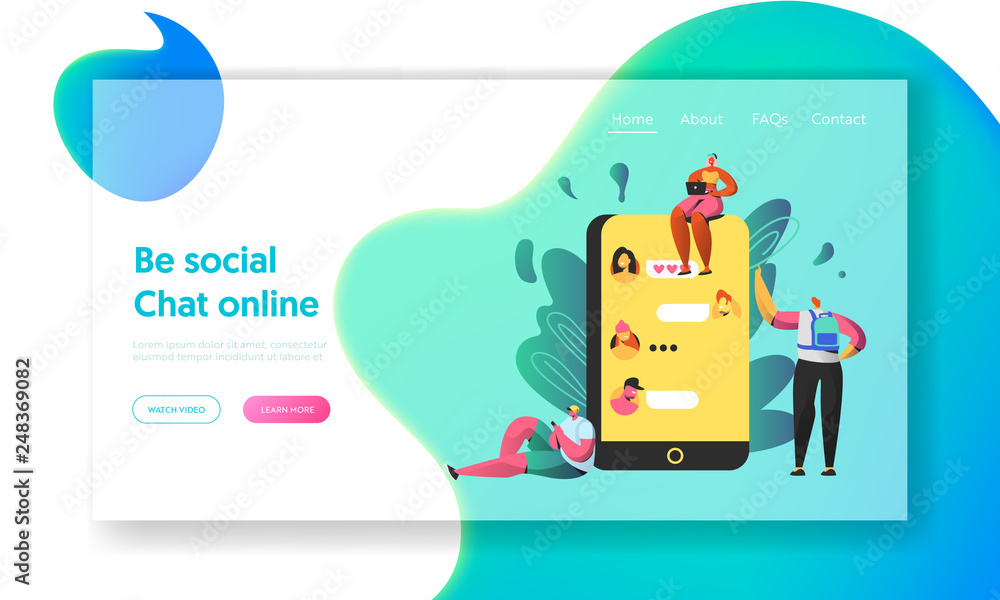 Poster social networking chat on big screen of smartphone landing page. people write comments and like post