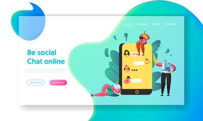 Social Networking Chat on Big Screen of Smartphone Landing Page. People Write Comments and Like Posts. Happy Girl with Laptop Character Website or Web Page. Flat Cartoon Vector Illustration