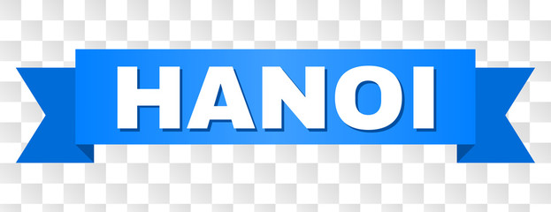 HANOI text on a ribbon. Designed with white title and blue stripe. Vector banner with HANOI tag on a transparent background.