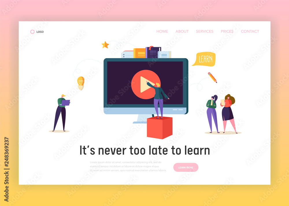 Aufkleber online business education concept landing page. e-learning school with video course on computer tech