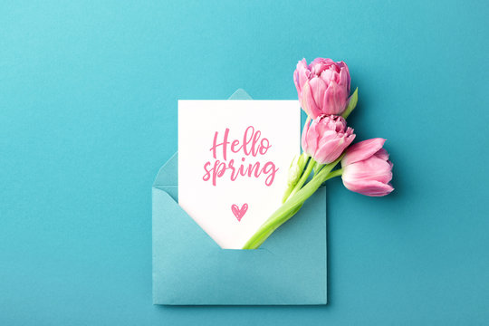 Three pink tulips in turquoise envelope on turquoise background with inscription Hello Spring. Mockup with white card. Flat lay, top view.