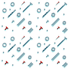Obraz premium Vector illustration of the contents of a builder toolbox. Household tools arranged in a pattern. Tools of a handyman for business card, master class flyer, banner, web and print designs.