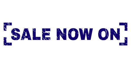 SALE NOW ON label seal imprint with corroded texture. Text label is placed between corners. Blue vector rubber print of SALE NOW ON with scratched texture.