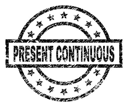 PRESENT CONTINUOUS stamp seal watermark with distress style. Designed with rectangle, circles and stars. Black vector rubber print of PRESENT CONTINUOUS label with corroded texture.