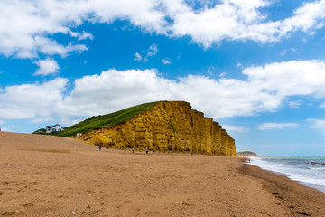BRIDPORT, DORSET, UK - 6JUN2018: Cliffs at West Bay, near Bridport.