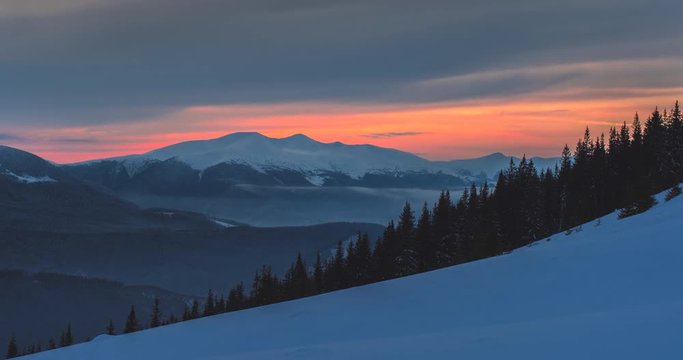 Sunset on Svydovets range, ski resort Dragobrat, Ukraine