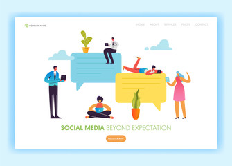 Social Media Networking Landing Page Template. People Characters Chatting in Social Network using Mobile Gadgets for Website Banner. Vector illustration
