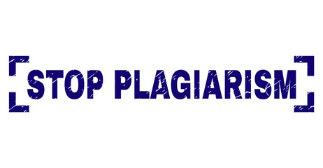 STOP PLAGIARISM label seal watermark with grunge texture. Text label is placed between corners. Blue vector rubber print of STOP PLAGIARISM with grunge texture.