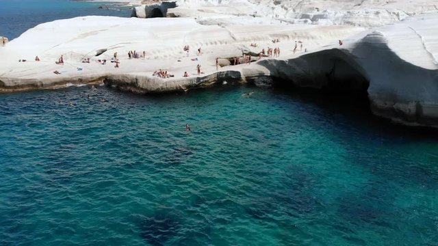 Aerial Of Tourist On Sarakiniko Beach Greece Milos