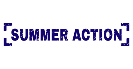 SUMMER ACTION title seal print with corroded texture. Text caption is placed between corners. Blue vector rubber print of SUMMER ACTION with retro texture.