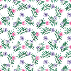Fototapeta na wymiar Watercolor hand painted floral illustration with petals and leaves seamless pattern on white background