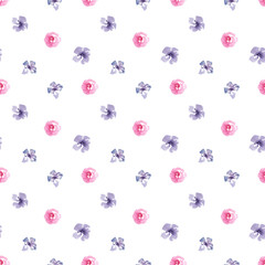 Watercolor hand painted botany purple flowers illustration seamless pattern on white background